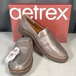 Aetrex Shoes Collette Metallic Brushed Leather Penny Loafers Champagne 11.5-12